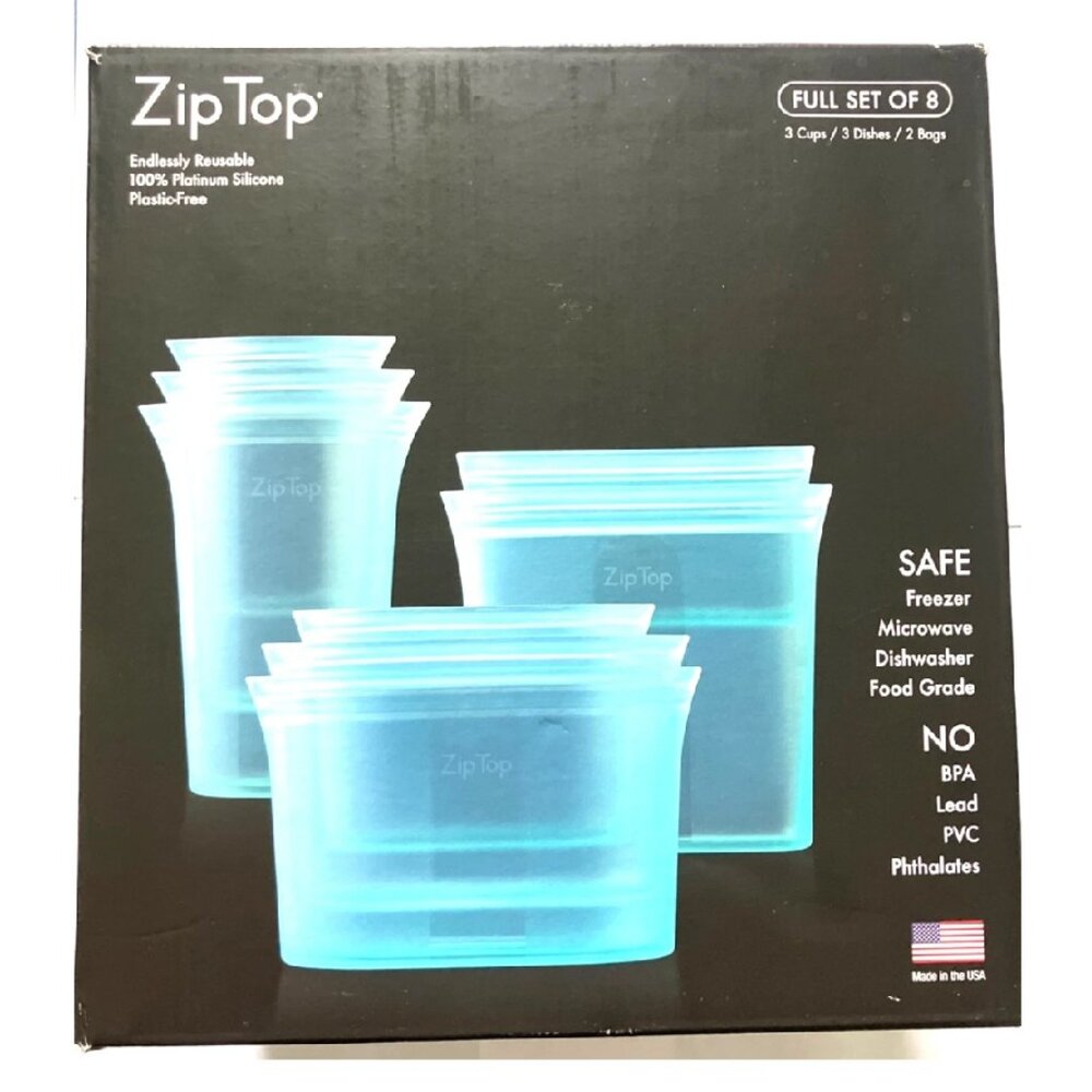 Zip Top Set of 8 Platinum Silicone Reusable Bags Assorted New in Box Teal Blue